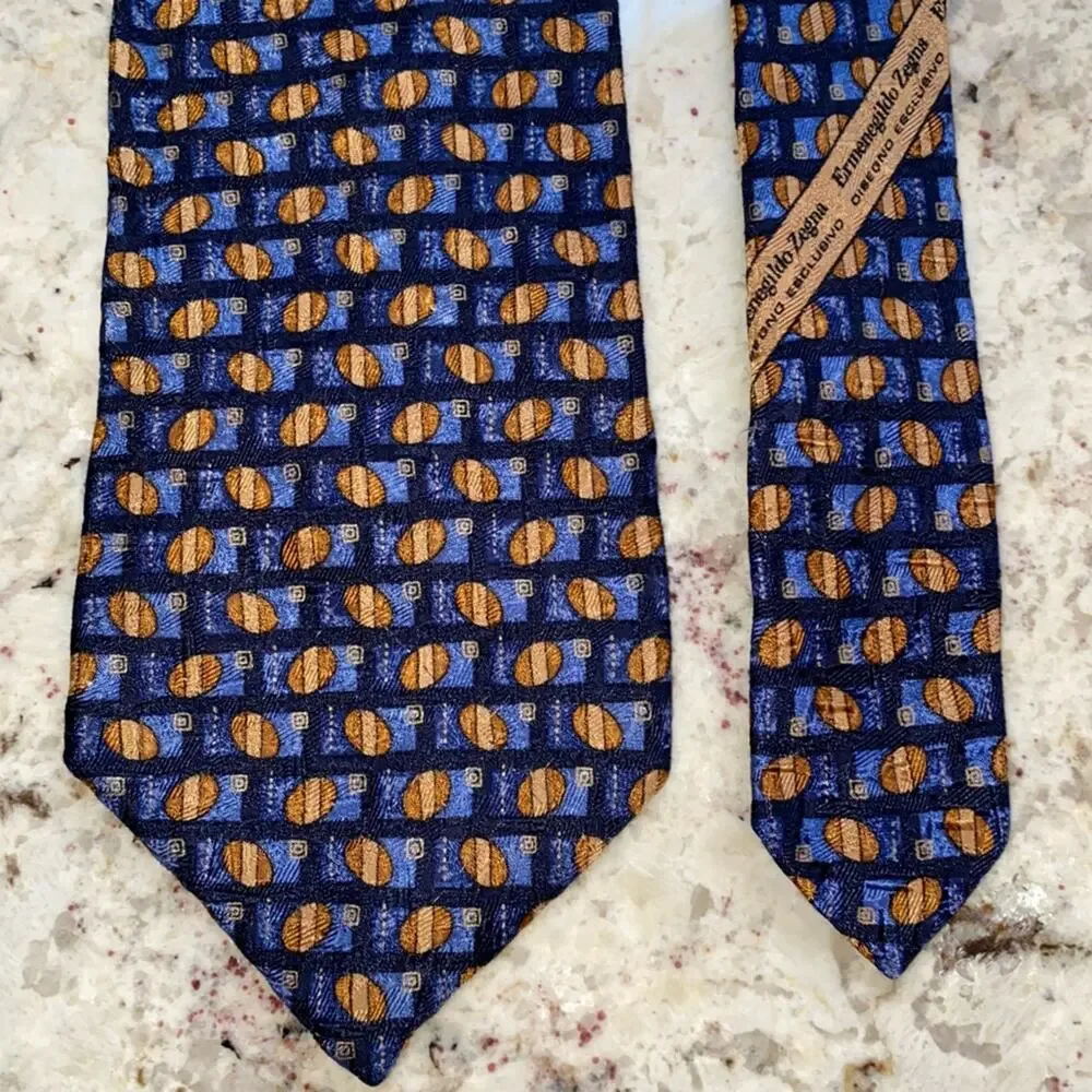 ERMENEGILDO ZEGNA $210 Mens Blue Brown Print Silk Necktie Tie EUC